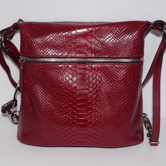 New Gianni Conti Vera Pelle Red Leather Convertible Shoulder Bag Backpack - Picture 4 of 12